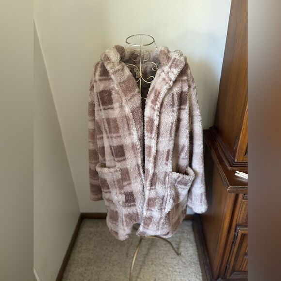 Poppy & Whimsey plus size mauve plaid fleece open hooded jacket pockets size 1x - Picture 1 of 10